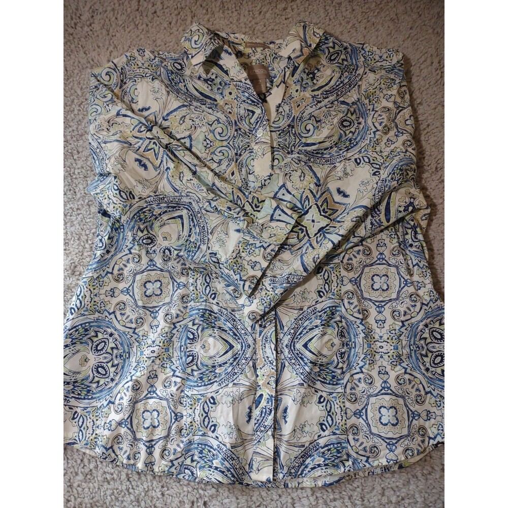 Chicos Sz 2 L Button Up Geometric Pattern 3/4 Sleeve
